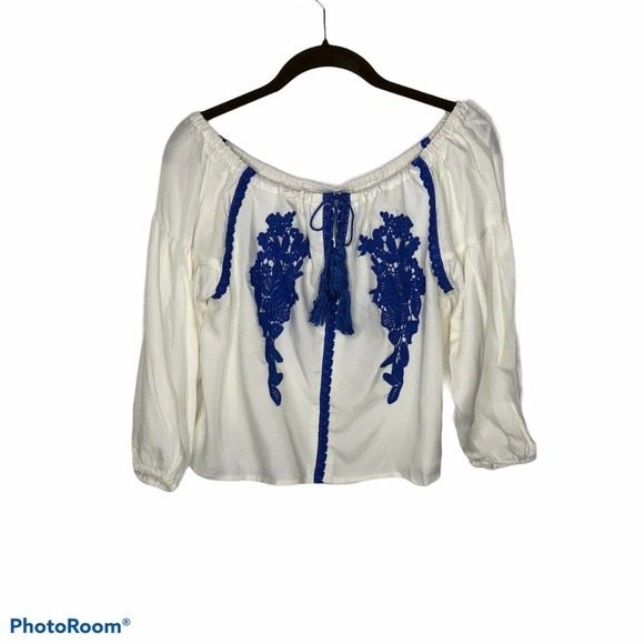 Line & Dot Blue‎ Embroidered Off the Shoulder Top - Picture 3 of 8
